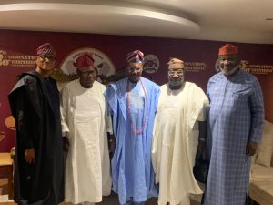 L-R: Col.Dele Oyefuga(2nd vice chairman), Otunba Tunji Lawal Solarin( Ex chairman), Otunba Seni Adetu(new Chairman), Aare Gbogbogbo( Ex. Dep chairman ), Prince Wole Sowole(1st vice chairman).