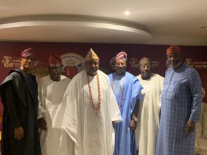 L-R: Col.Dele Oyefuga(2nd vice chairman), Otunba Tunji Lawal Solarin( Ex chairman), Oba Babatunde Adewale Ajayi (Akarigbo of Remo land), Otunba Seni Adetu(new Chairman), Aare Gbogbogbo( Ex. Dep chairman ), Prince Wole Sowole(1st vice chairman).