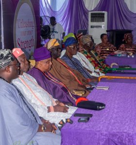 (The Akarigbo and Paramount Ruler of Remoland Oba Dr Babatunde Adewale Ajayi seated with royalties from the Remo Council of Obas during the afternoon session of the 2024 Olori Remo retreat)