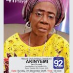 SPECIAL 41 DAY PRAYER SESSION IN HONOUR OF MADAM IRETIOLUWA AKINYEMI HOLDS TOMORROW